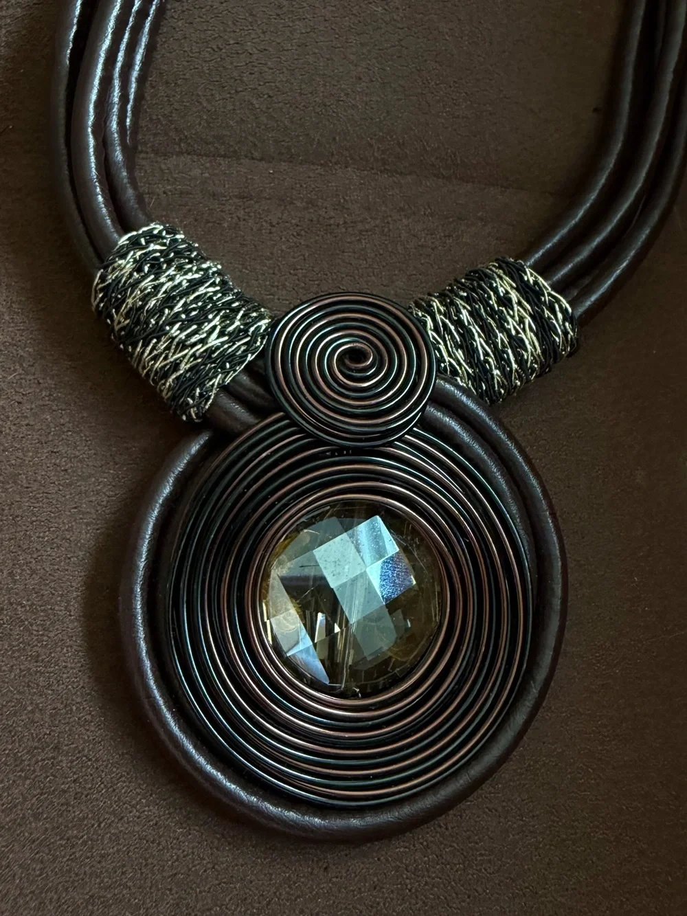 Statement Brown Leather Necklace with Spiral Pendant